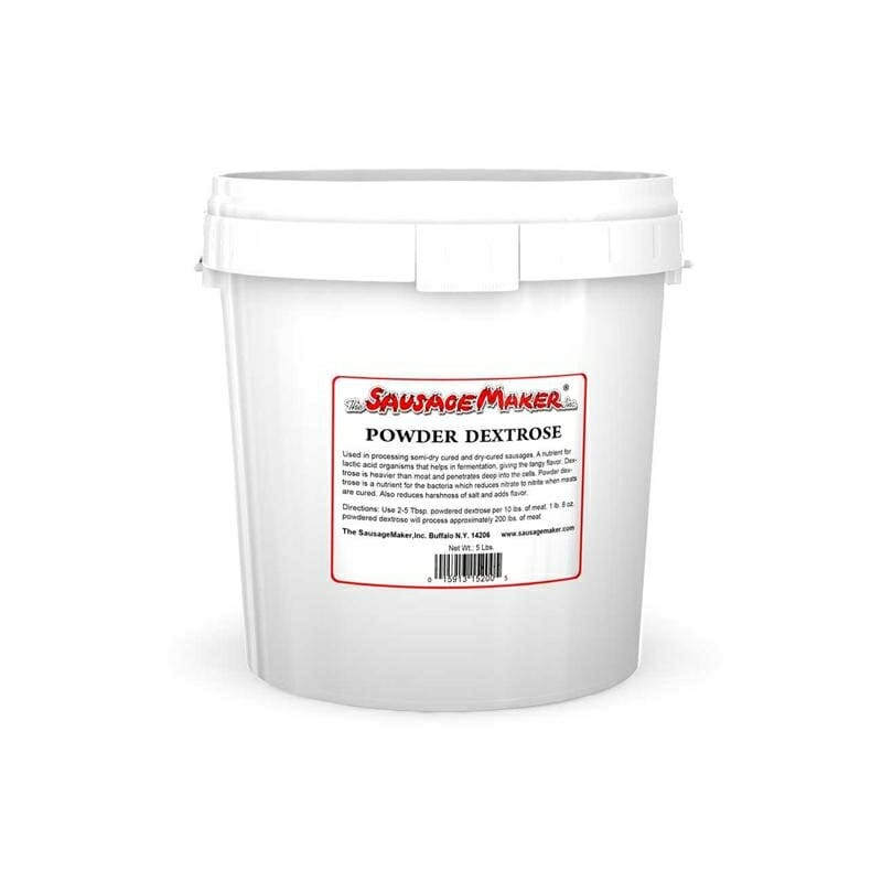 Powdered dextrose 5 lb in a white plastic container.