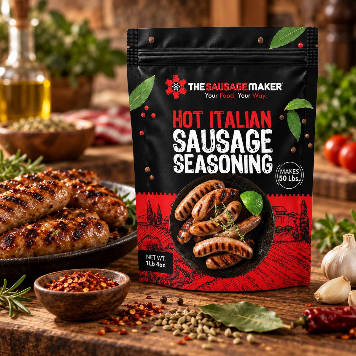 A stand-up pouch of The Sausage Maker Hot Italian Sausage Seasoning stands on a rustic wooden table with grilled sausage, spices, garlic, herbs, and tomatoes around it.