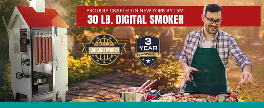 A satisfied man smoking meat with American-made stainless steel smoker