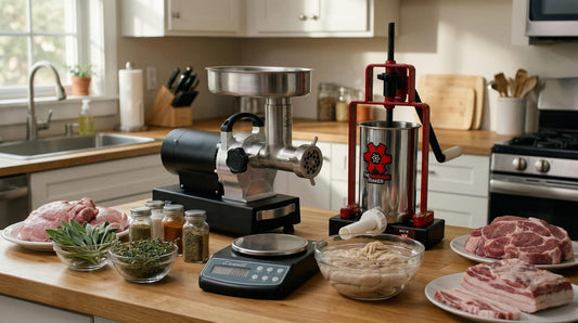 A home kitchen setup showcasing sausage-making tools, meat grinder, sausage stuffer neatly arranged on a wooden countertop