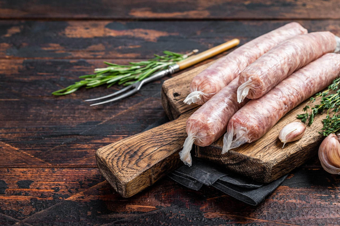 Natural hog, collagen and fibrous sausage casings arranged on a wooden surface