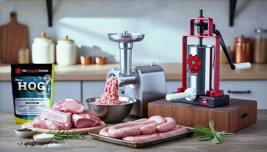 Sausage stuffer with ground meat, raw meat, and natural hog casings on a kitchen counter.