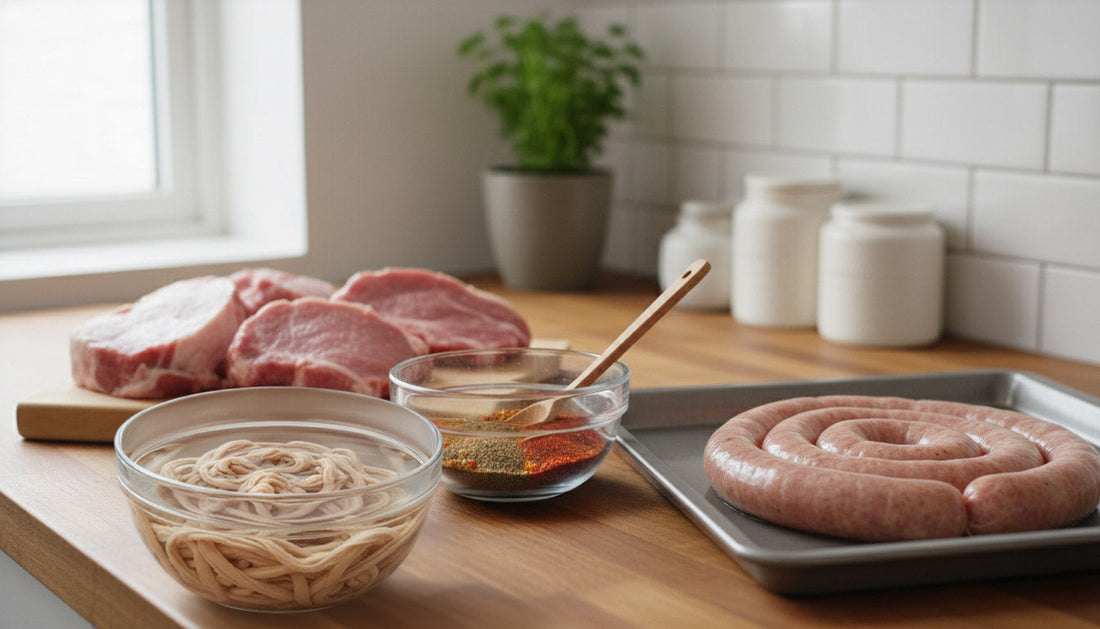 Homemade sausage making for beginners with raw pork, seasonings, natural casings, and fresh sausage links arranged on a kitchen countertop.