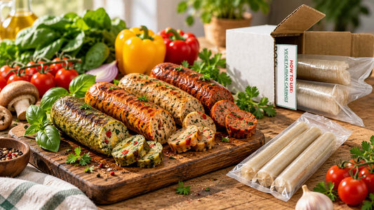 Grilled veggie and fish sausages arranged on a wooden cutting board with sliced pieces, alongside packaged vegetarian casings, set on a rustic wooden table with fresh tomatoes, basil, mushrooms, and peppers.