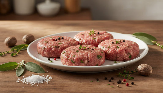 breakfast sausage patties on a plate with spices and herbs on a wooden surface
