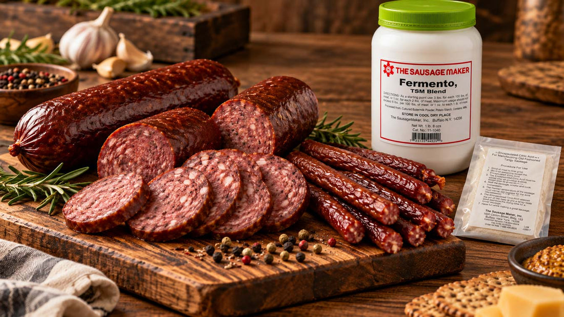 Sliced tangy summer sausage and snack sticks