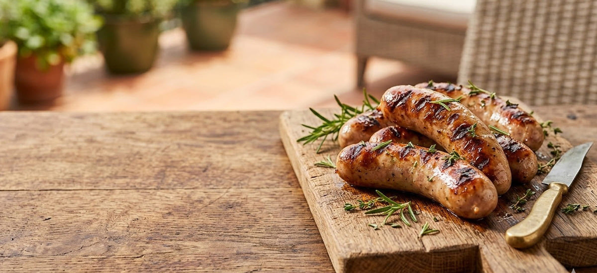 Fresh grilled sausage on a rustic wooden cutting board