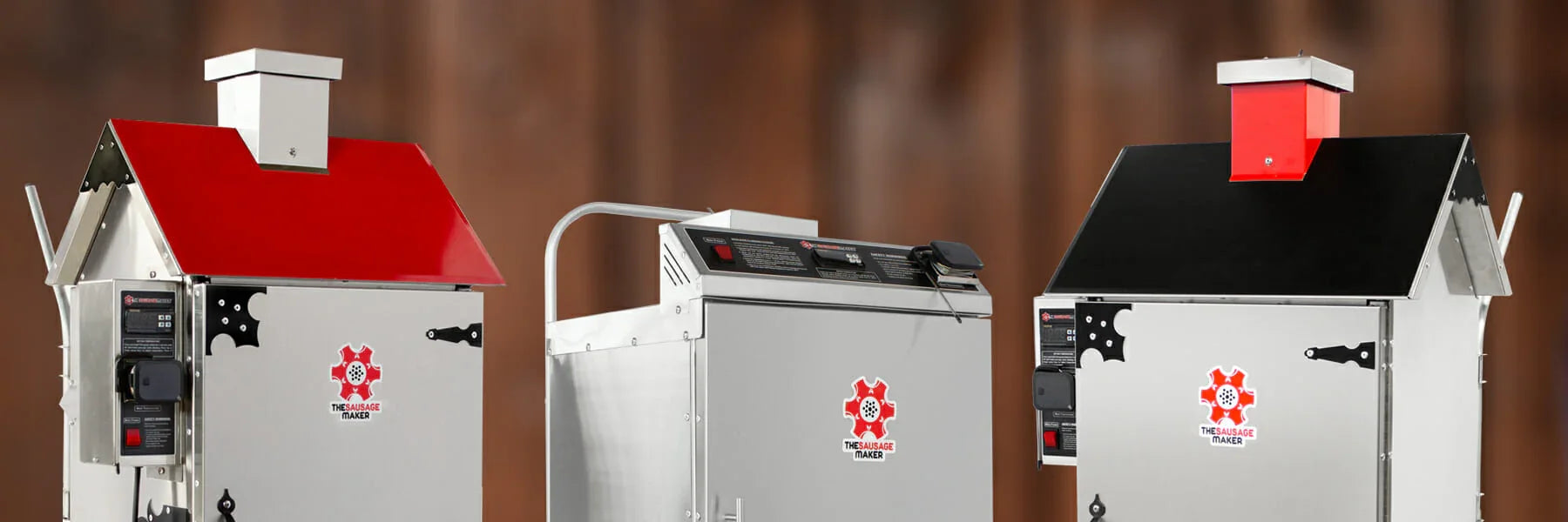 The Sausage Maker stainless steel meat smokers with colored roofs