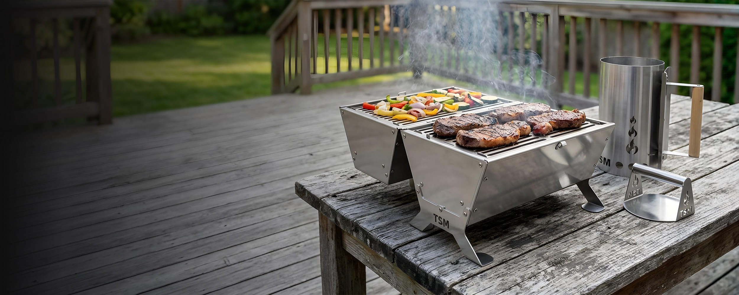 TSM heavy duty tool box grill and grilling accessories on a wooden table on a deck