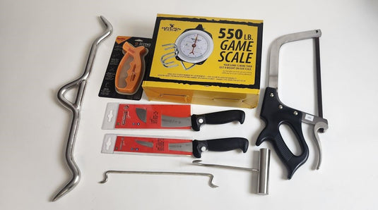 Hunters_Field_Kit;Mundial_6"_Skinning_Knife;Mundial_6"_Curved_Flexible_Boning_Knife;Smith's_10-Second_Knife_&_Scissor_Sharpener;12"_Meat_Saw;Stainless_Steel_T-Handle_Hook;550_lb._Hanging_Game_Scale;Stainless_Steel_Heavy_Duty_Gambrel;Stainless_Steel_Belly_Spreader