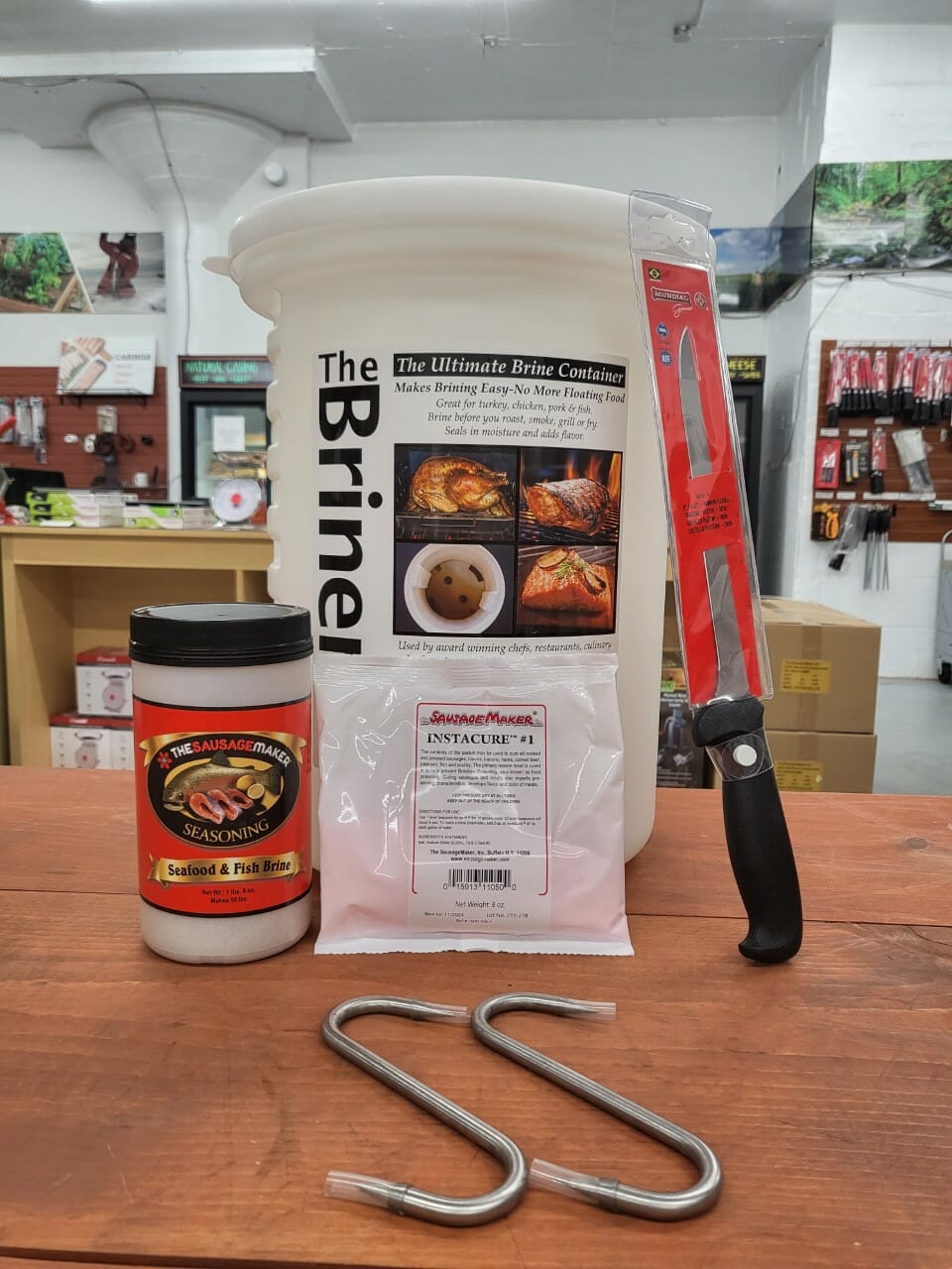Fish_Brining_Kit;Mundial_8″_Narrow_Flexible_Fillet_Knife;Seafood_&_Fish_Brine_Seasoning,_1_lb._8_oz.;The_Briner;Insta_Cure_#1,_8_oz.;Stainless_Steel_“S”_Hook,_6″_x_8mm