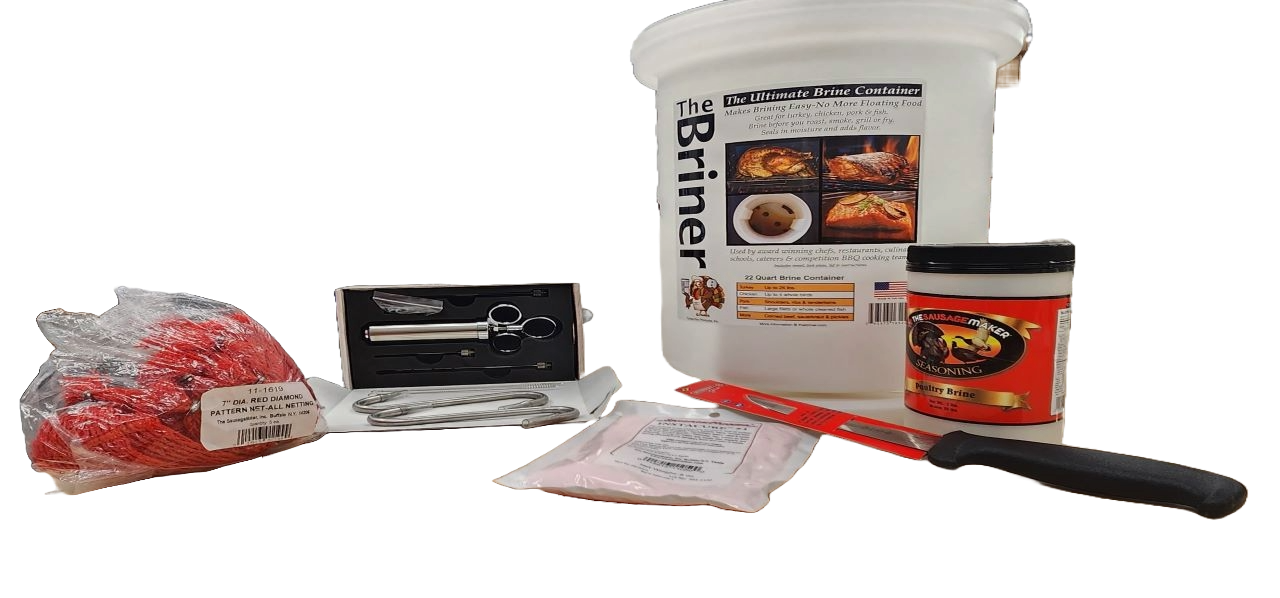 Poultry_and_Small_Game_Brining_Kit;Mundial_6″_Curved_Semi-Stiff_Boning_Knife;Turkey_&_Poultry_Brine_Seasoning,_2_lbs.;The_Briner;Meat_Pump_KIT,_2_oz_capacity;Insta_Cure_#1,_8_oz.;Stainless_Steel_“S”_Hook,_6″_x_8mm;7”_Diameter_Red_Diamond_Pattern_Net-All_Netting,_5_pcs.;9″_Dia._Red_Diamond_Pattern_Net-All_Netting,_5_pcs.