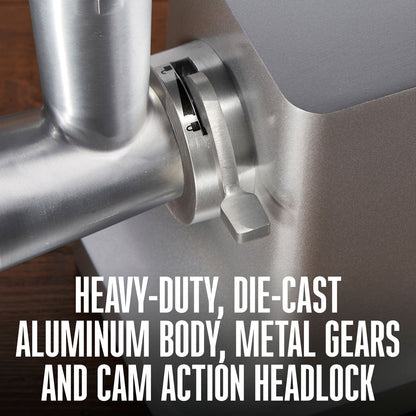 weston_electric_meat_grinder;included_accessories_with_Weston_12;homemade_sausage_with_ease;electric_meat_grinder_with_750_watt_1_hp_motor;cam_action_headlock_with_heavy_duty_die-cast_aluminum_body;Weston_meat_grinder_and_sausage_stuffer;two_speed_with_reverse_function_feature