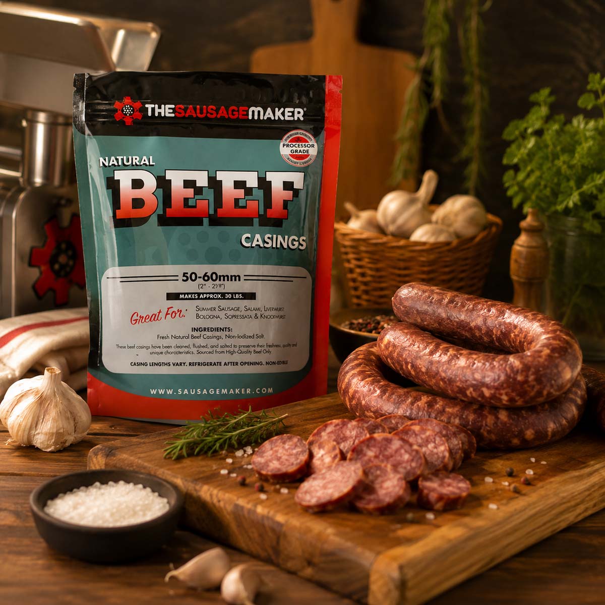 50-60 mm natural beef casing pack and salami sausage placed on a wooden table