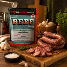 50-60 mm natural beef casing pack and salami sausage placed on a wooden table
