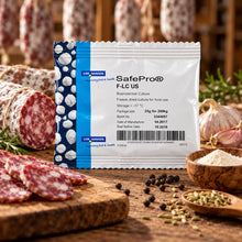 A single packet of SafePro F-LC US bioprotective culture for food use, styled on a rustic wooden surface with sliced salami, garlic, peppercorns, and herbs.