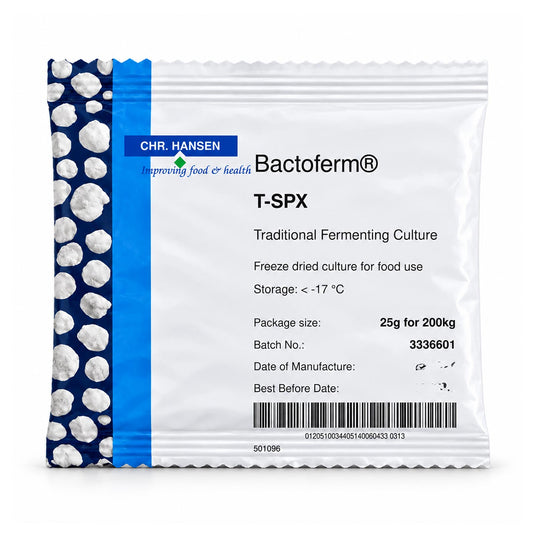 A single stand-up pouch of Chr. Hansen Bactoferm T-SPX Traditional Fermenting Culture, freeze dried for food use.