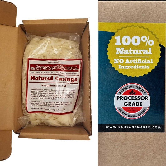Butcher-Pack-Hog-Casing-Main-Img-1;Butcher-Pack-Hog-Casing-Inside-Packaging;Butcher-Pack-Hog-Casing-Label-Description;Comparison_of_The_Sausage_Maker's_hog_casing_vs._competitors