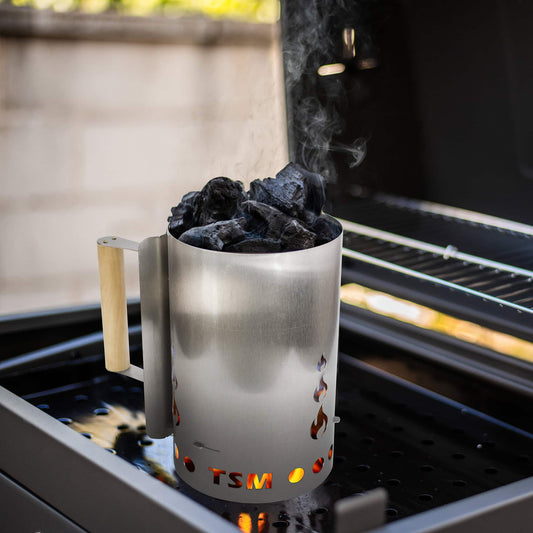 sausage-maker-charcoal-starter-for-grill;firing-up-coal-in-charcoal-starter;inside-view-charcoal-chimney-starter;safe-wooden-handle-of-the-chimney-starter