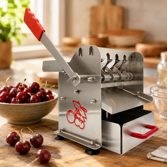 A stainless steel cherry pitter with red handles, shown on a wooden table with a bowl of fresh cherries nearby.