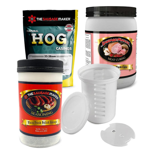 Easter bundle kit with white fresh polish sausage seasoning, hog casing, briner, and ham cure