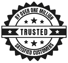 Black and white stamp-like graphic with 'Trusted by over one million satisfied customers' text