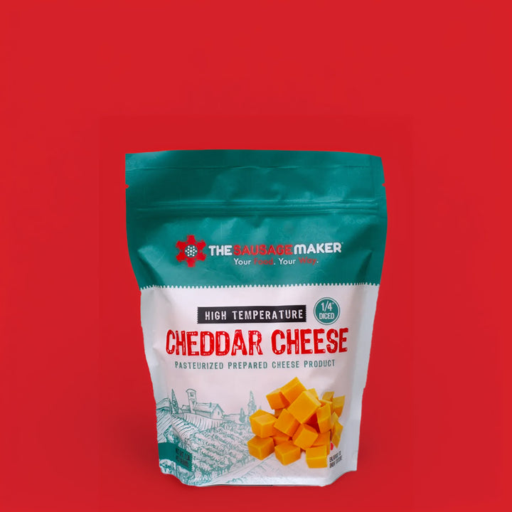 Package of cheddar cheese by The Sausage Maker on a red background