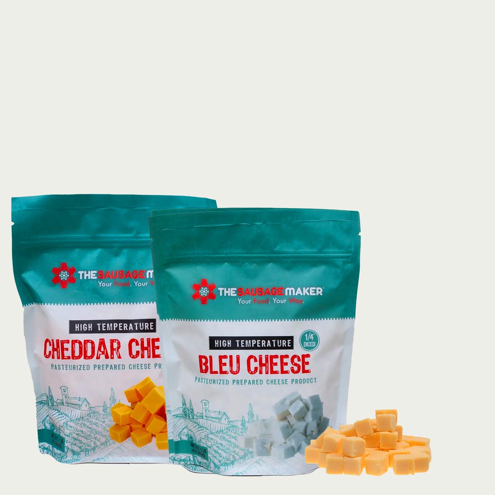 Two packages of The Sausage Maker cheese products on a light gray background
