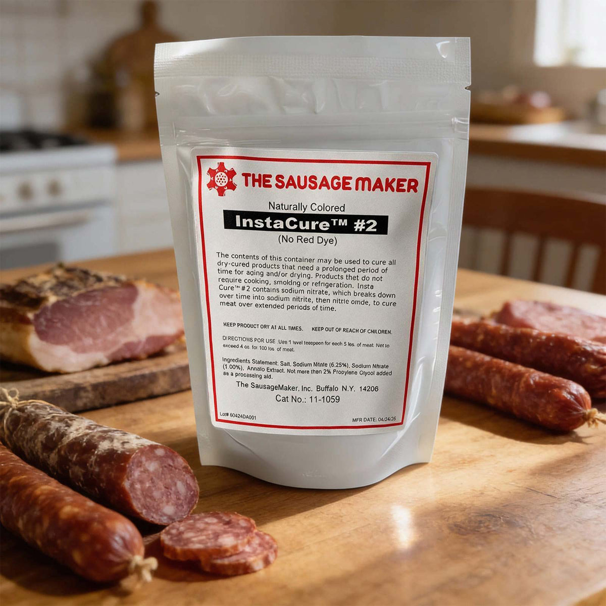 A pouch of InstaCure #2 natural cured sausage mix, displayed on a wooden cutting board with raw and sliced sausages in the foreground and a blurred kitchen background.
