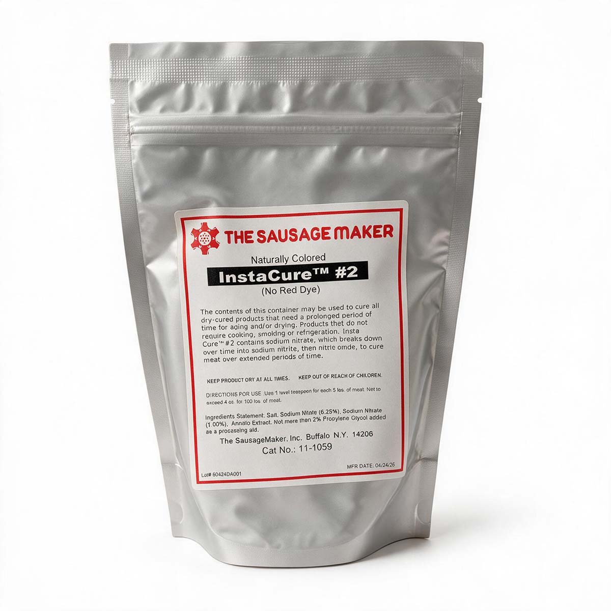 A silver pouch of The Sausage Maker InstaCure #2 naturally colored meat dye, shown on a clean white background.