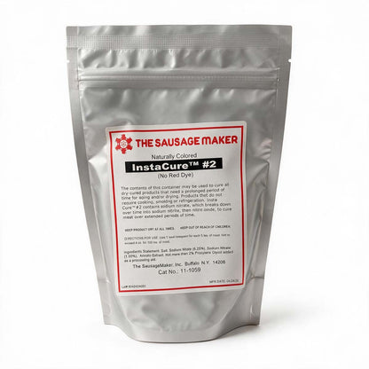 A silver pouch of The Sausage Maker InstaCure #2 naturally colored meat dye, shown on a clean white background.