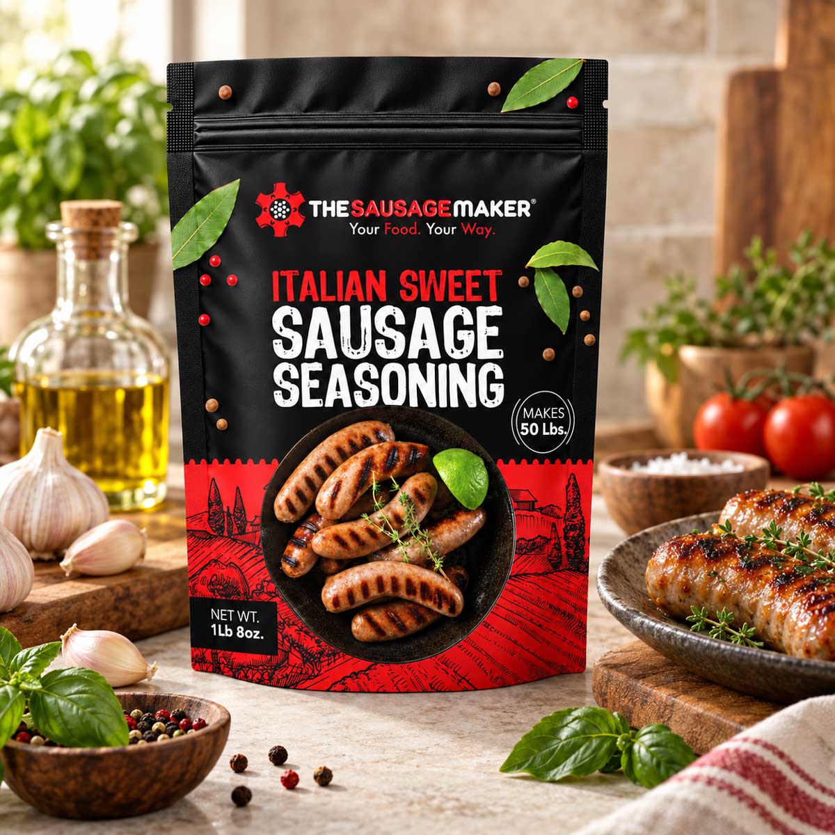 A 1 lb bag of The Sausage Maker Italian Sweet Sausage Seasoning stands on a kitchen counter surrounded by fresh herbs, garlic, olive oil, tomatoes, and cooked sausage, with the package front clearly visible.