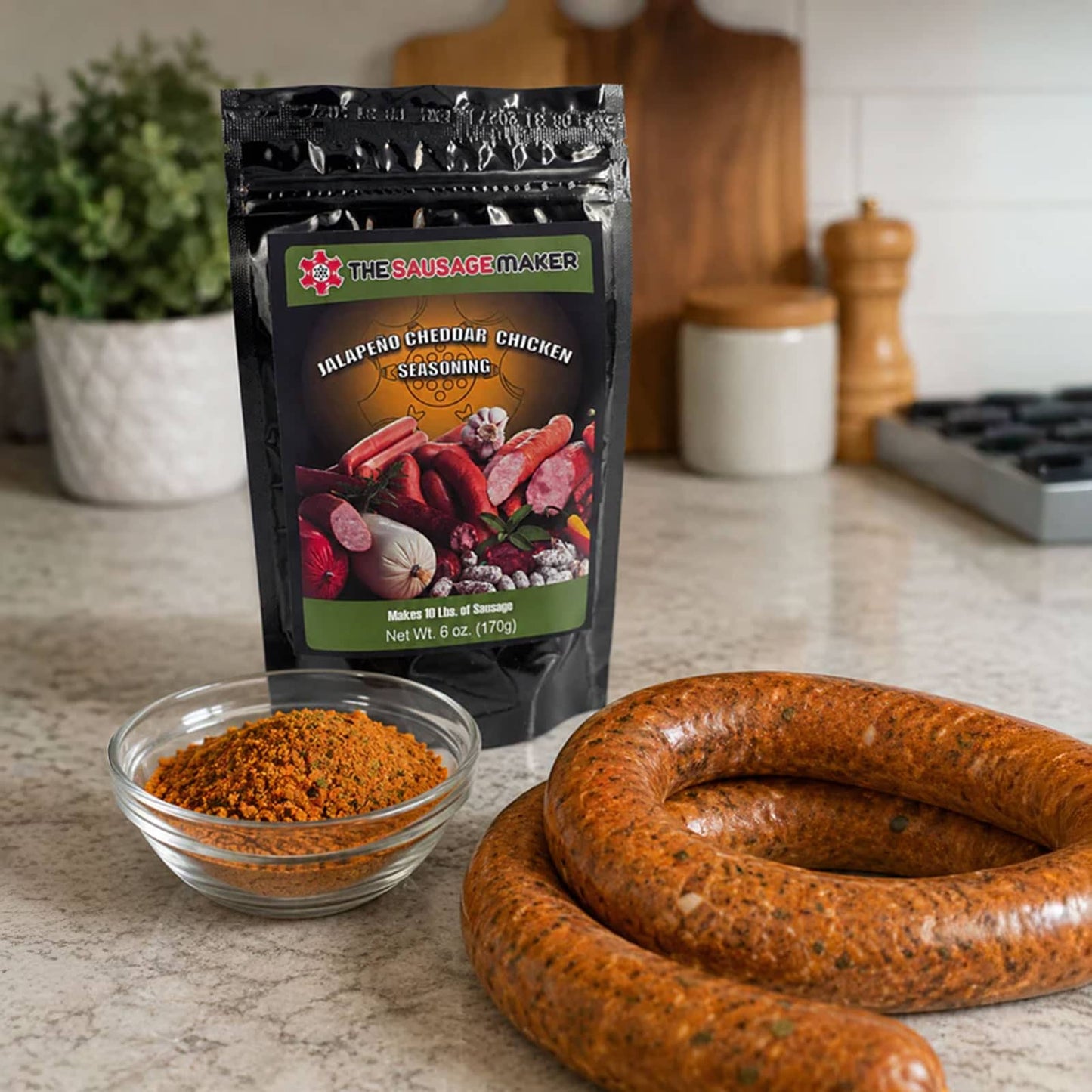 Jalapeno cheddar chicken sausage seasoning in a glass bowl