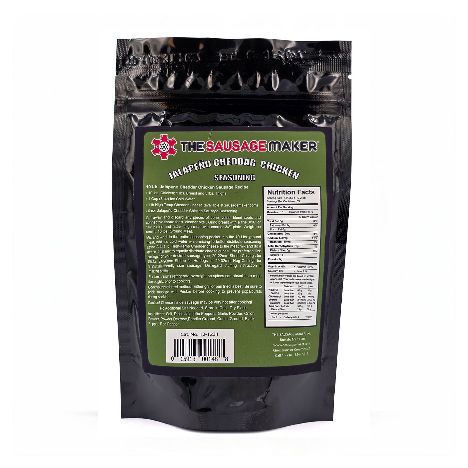 Jalapeno cheddar chicken sausage seasoning packaging rear view