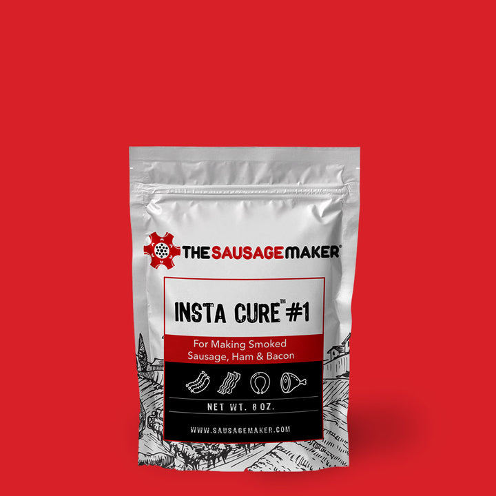 Packaging of 'Insta Cure #1' from The Sausage Maker on a red background