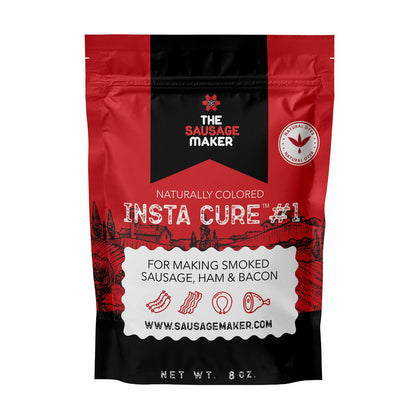 Red and black package of 'The Sausage Maker' Insta Cure #1 on a white background