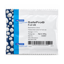 A single sealed pouch of Chr. Hansen SafePro F-LC US freeze-dried culture, shown on a plain white background.