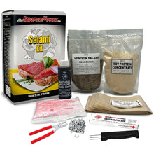 Sausage Making Kit with packaging, ingredients, and tools on a white background