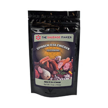 A 5 oz black resealable pouch of 'The Sausage Maker' Spinach Feta Chicken Sensing seasoning on a white background.