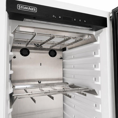Open SteakAger door showing the interior shelves and a black control panel