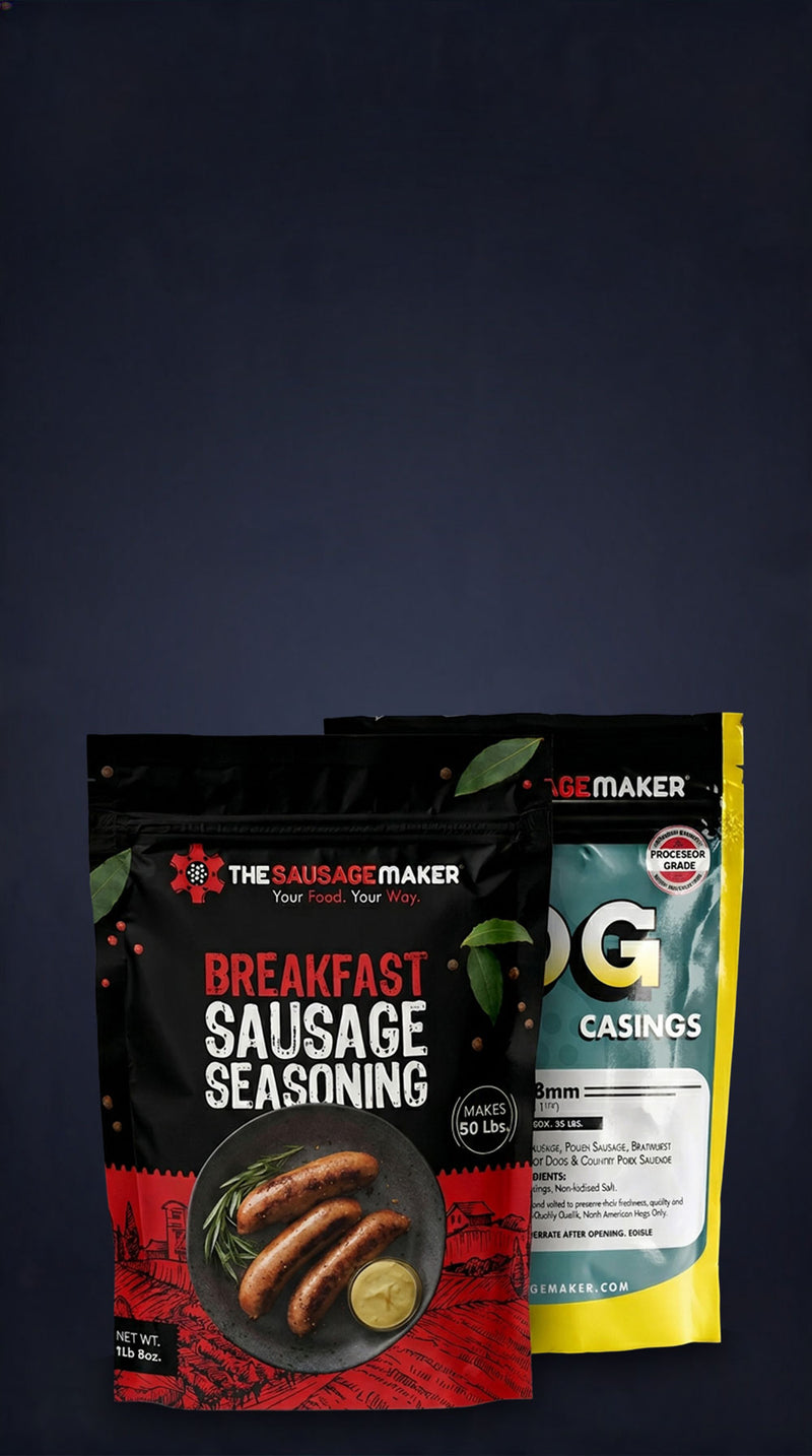 Sausage maker seasoning and casings on a dark background