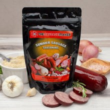 Summer sausage seasoning package with ingredients on a wooden surface