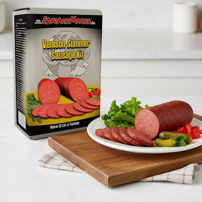 Sausage Maker's Venison Summer Sausage Kit with sliced sausages on a plate.