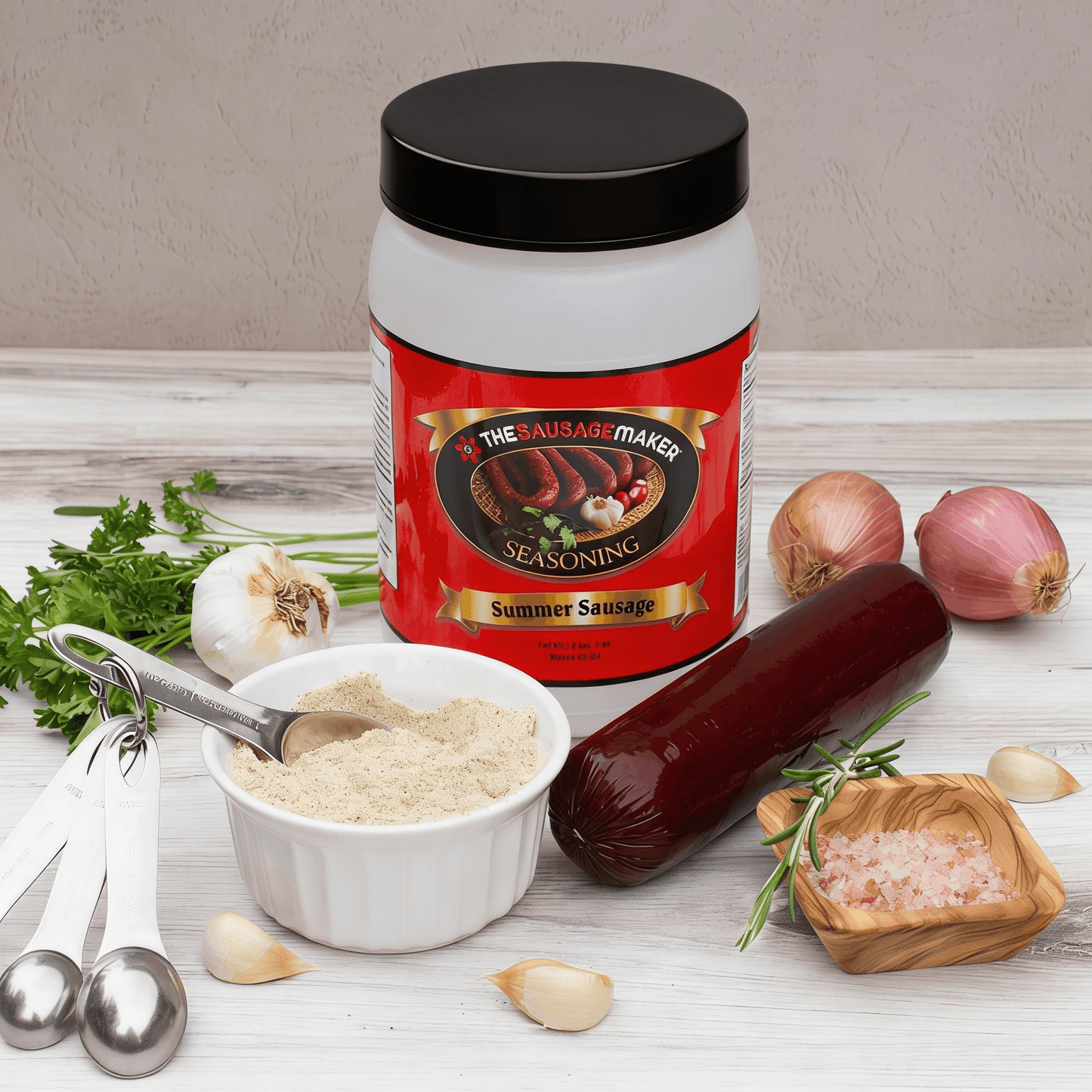 Summer sausage seasoning jar with ingredients on a wooden surface