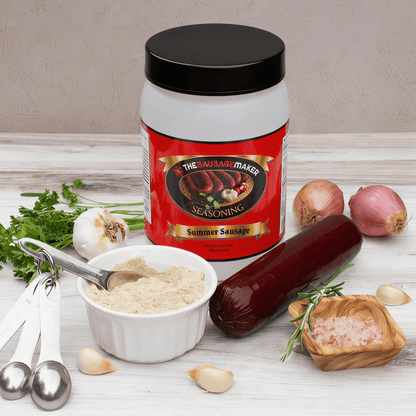 Summer sausage seasoning jar with ingredients on a wooden surface