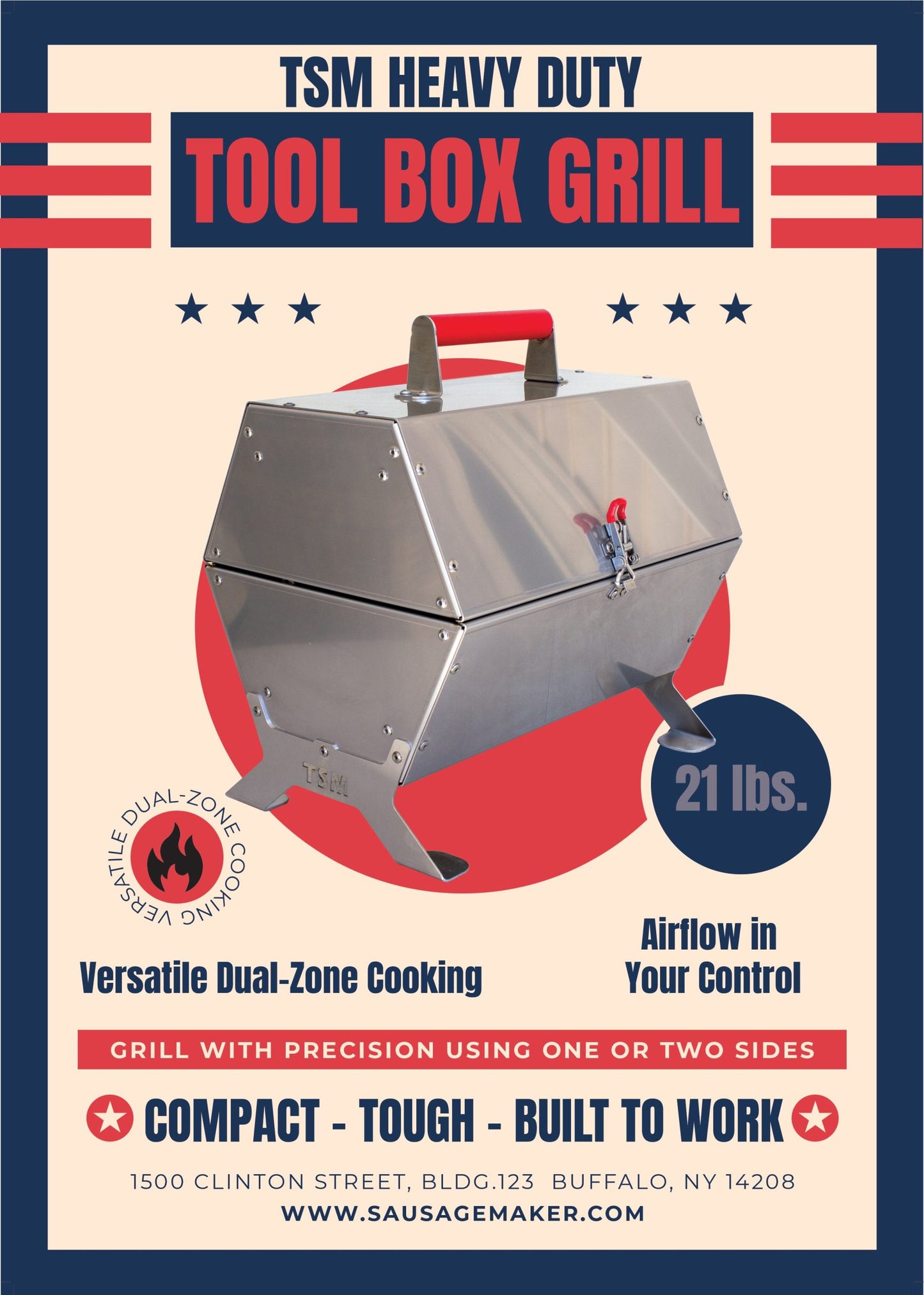 tsm-heavy-duty-portable-tool-box-grill;TSM-Toolbox-Charcoal-Grill-Infographic;side_view_of_the_portable_TSM_tool_box_grill;closed_position_of_the_tool_box_grill;21-lb-heavy-duty-portable-grill-to-last-a-lifetime;cooking_sausages_on_grill;some_vegetables_and_chicken_wings_on_TSM_tool_box_grill