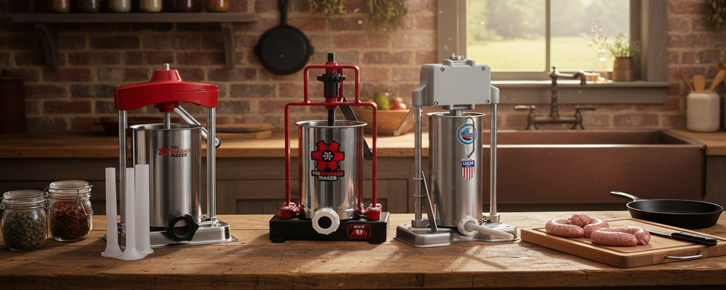Three meat grinders on a wooden counter with a kitchen background