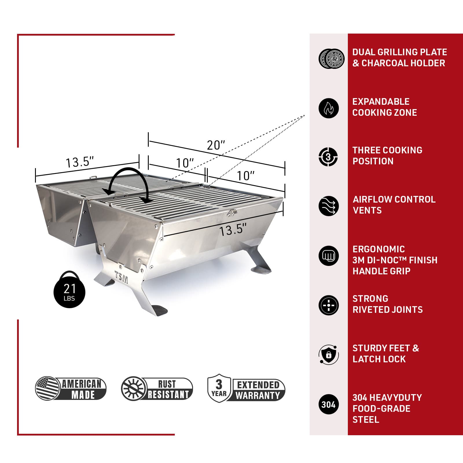 tsm-heavy-duty-portable-tool-box-grill;TSM-Toolbox-Charcoal-Grill-Infographic;side_view_of_the_portable_TSM_tool_box_grill;closed_position_of_the_tool_box_grill;21-lb-heavy-duty-portable-grill-to-last-a-lifetime;cooking_sausages_on_grill;some_vegetables_and_chicken_wings_on_TSM_tool_box_grill