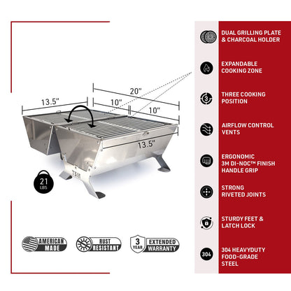 tsm-heavy-duty-portable-tool-box-grill;TSM-Toolbox-Charcoal-Grill-Infographic;side_view_of_the_portable_TSM_tool_box_grill;closed_position_of_the_tool_box_grill;21-lb-heavy-duty-portable-grill-to-last-a-lifetime;cooking_sausages_on_grill;some_vegetables_and_chicken_wings_on_TSM_tool_box_grill
