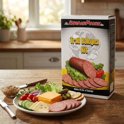 Sausage Maker Trail Bologna Kit packaging on a kitchen counter with ingredients.